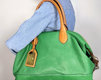 Ralph Lauren Green Leather Slouchy Shoulder Bag Tan Trim Gold Hardware