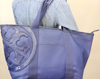 Tory Burch Blue Ella Tote Nylon Patent Logo Travel Work Bag