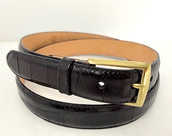 Vintage Martin Dingman Black Leather Belt Italian Calfskin Alligator Grain Brass Buckle Size 36