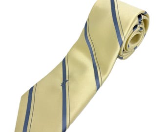 Vintage Yves Saint Laurent Silk Tie Yellow Blue Stripe YSL Designer 1980s 1990s