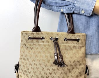 Vintage Dooney & Bourke Monogram Canvas Shoulder Bag Y2K Beige Brown Quiet Luxury Tote