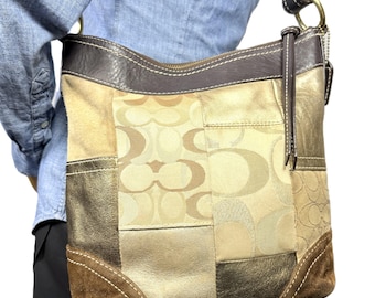 Vintage Coach Patchwork Hobo Bag Brown Gold Suede Leather Y2K 10387
