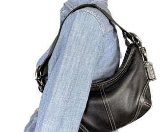 Vintage 2003 Coach Black Leather Hobo Bag White Stitch Shoulder Purse