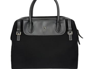 Etienne Aigner Vintage Structured Black Canvas Satchel | 90s Designer Top Handle Bag