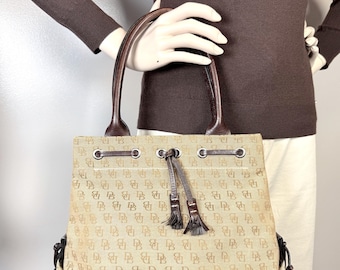 Vintage Dooney & Bourke Monogram Canvas Shoulder Bag Y2K Beige Brown Quiet Luxury Tote