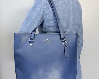 Coach Blue Pebbled Leather Tote Bag Large Shoulder Bag Minimalist Everyday Carryall F35204
