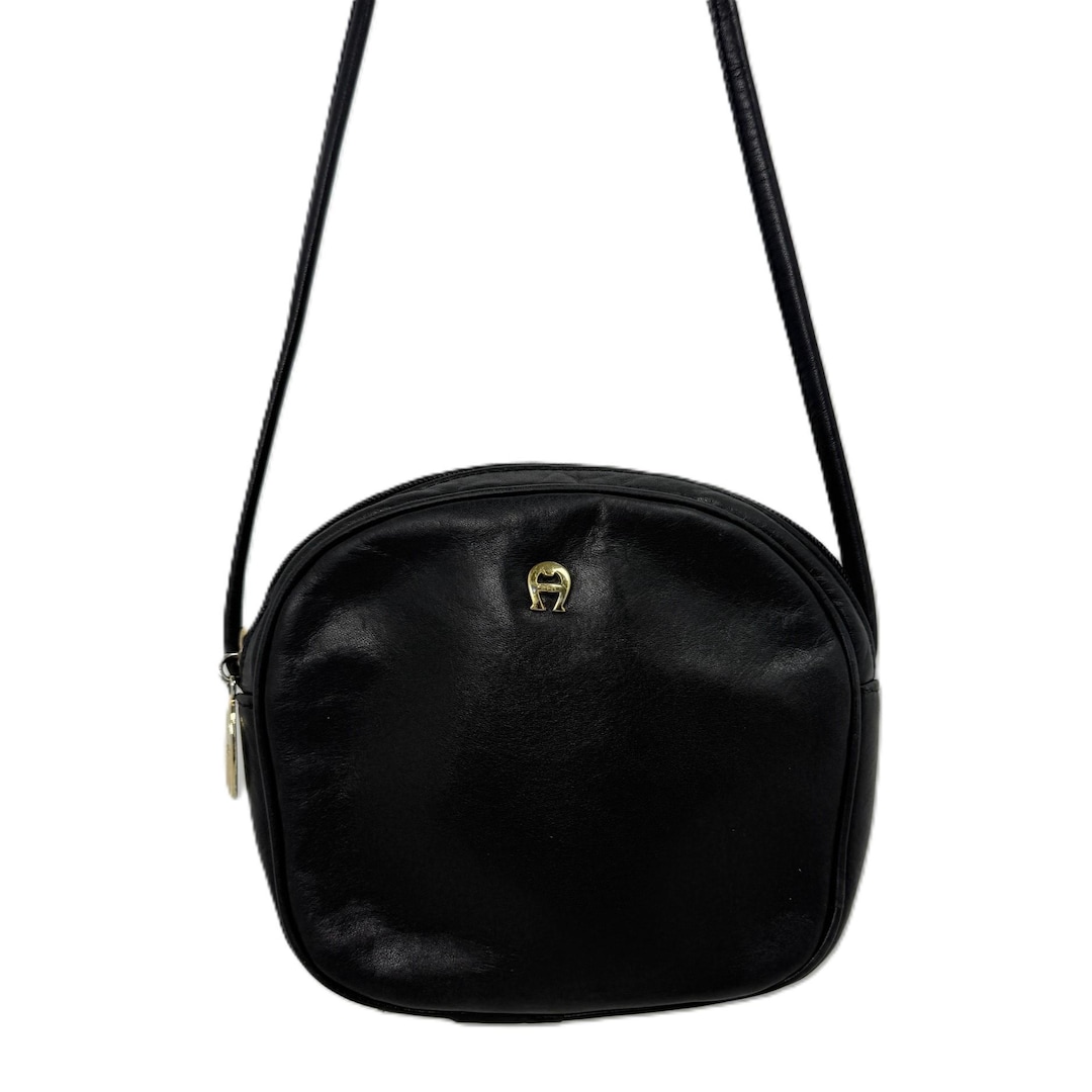 Etienne Aigner Vintage 1980s Mini Black Leather Crossbody Gold