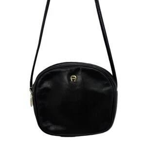 Etienne Aigner Vintage 1980s Mini Black Leather Crossbody Gold Logo Bag