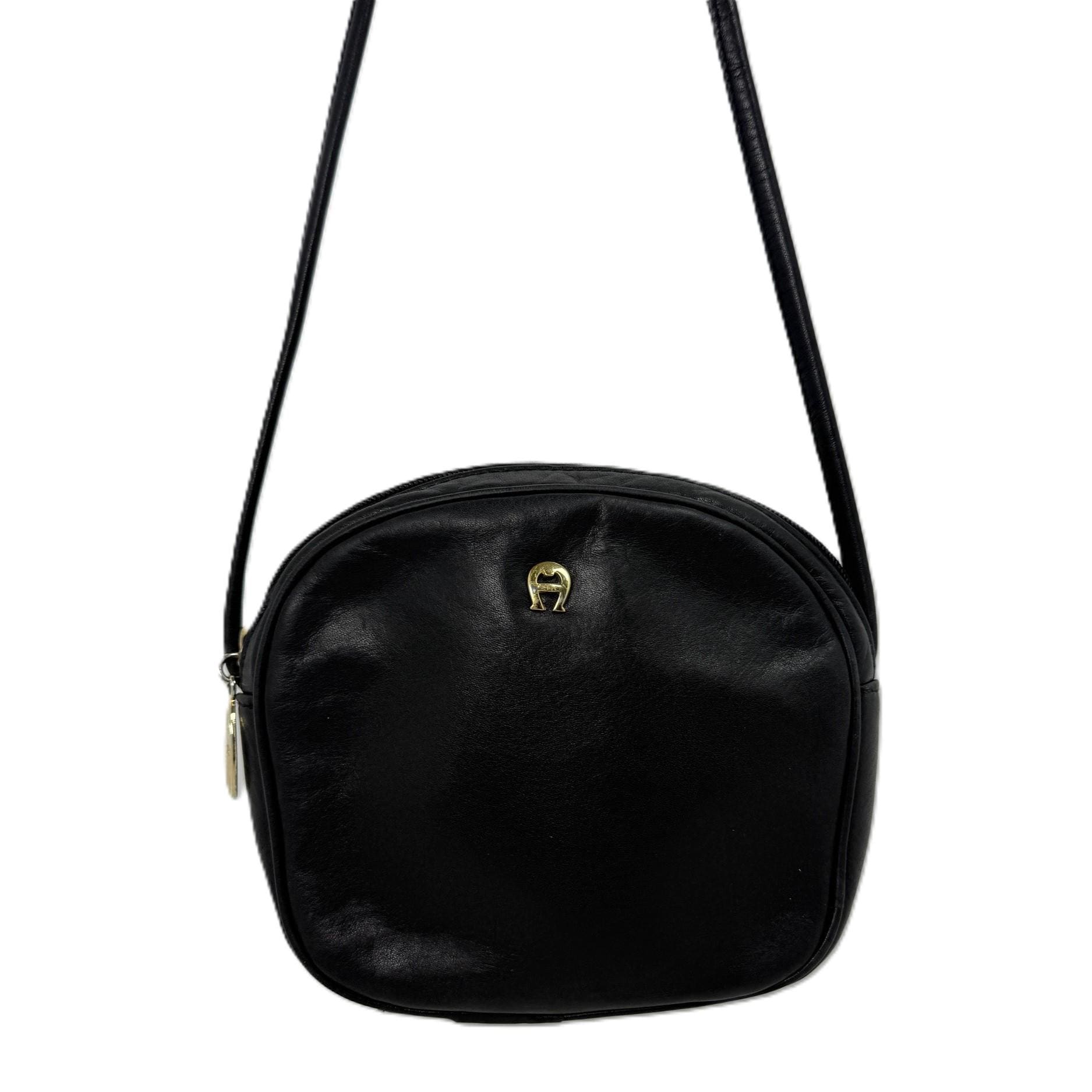 Etienne Aigner Vintage 1980s Mini Black Leather Crossbody Gold