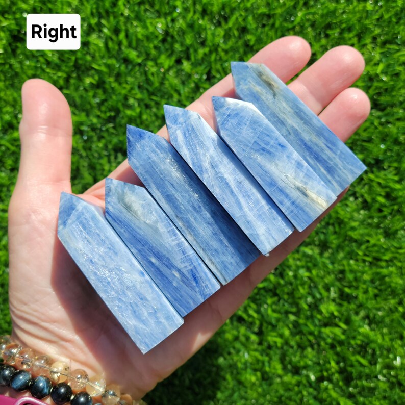 May include: A hand holds six blue kyanite crystal wands. The wands are rectangular with a pointed tip. The crystals have a blue color with white and gray streaks. The background is green.