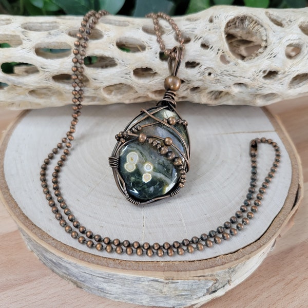 Green Ocean Jasper Pendant & Copper Ball Chain / Bubble Ocean Jasper Necklace / Copper Wire Wrapped Ocean Jasper Pendant