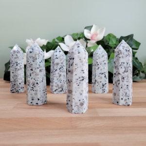 May include: Six speckled white and gray crystal obelisks with pointed tops. The crystals are arranged on a wooden surface, with white flowers and green foliage in the background. The obelisks have a polished finish.