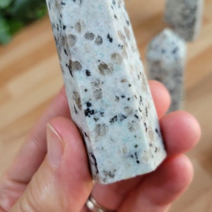 May include: Close-up of a Kyanite crystal tower with a light blue and white color scheme, speckled with dark gray and black spots. The crystal is held in a hand, with other towers visible in the background. The crystal has a polished, faceted shape.