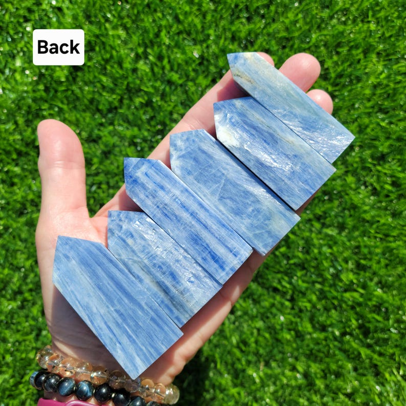 May include: A hand holding several blue kyanite crystal wands. The wands are rectangular with a pointed tip and display a marbled pattern of light and dark blue. The background is green grass.
