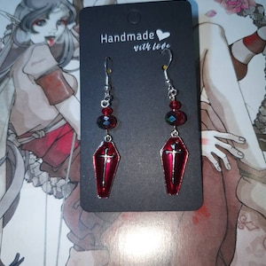 Coffin gothic earings, red coffin earings, witchy jewellery.