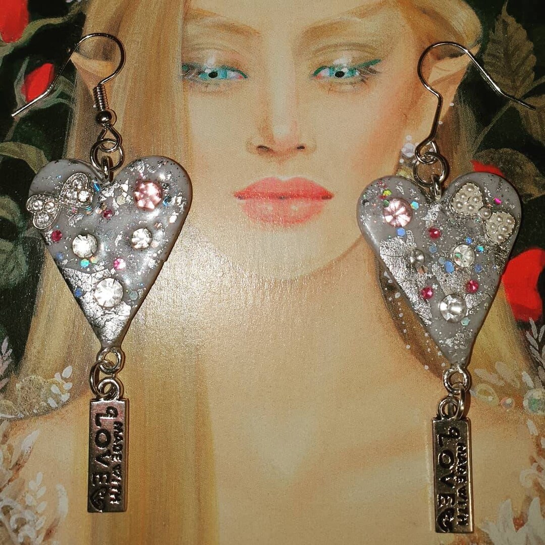 Made With Love Earrings, Heart Shape Earrings With Diamanté Bows