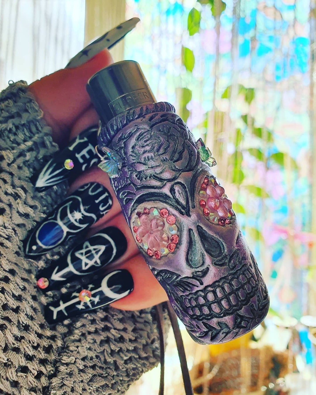 Lighter Case, Clipper Lighter Case, Sugar Skull, Lighter Sleeve With Swarovski Crystal Skulls