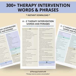 Therapy Interventions Words Cheat Sheet Therapist Progress Notes Clinical Phrases Intake Forms Psychologist Reports Client Terms Template