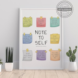 Note to Self Digital Mental Health Poster, Self Love, Self Care, Clarity, Therapy, School Counselor, Therapist Office, Be Kind to Yourself