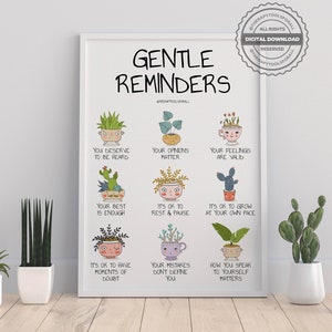 Gentle Reminders Positive Affirmations DIGITAL Print Mental Health Wellbeing Art Therapy Office School Counselor Poster Self Love Compassion