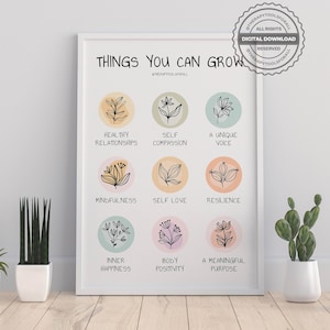 Grow Self Growth Self Development Digital Mental Health Poster Compassion Happiness Mindfulness Therapy Counseling Office Decor Therapist