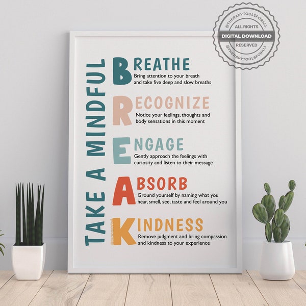 Mindfulness DIGITAL Print Mental Health Poster Therapy Office Decor School Psychologist Guidance Counselor Self Care Check In Counseling Aid