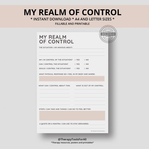 Control Printable Interactive Worksheet Journal Inserts Planner Notebook Template Therapy Psychology Mental Health School Counseling Tools