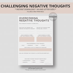 May include: A printable worksheet titled "Overcoming Negative Thoughts" with a pink background and gray text. The worksheet includes prompts to help identify and challenge negative thoughts.