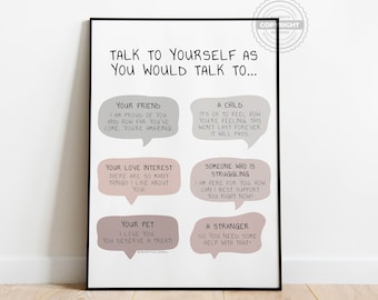 Be Kind to Yourself Positive Self Talk Mental Health Digital Print Positive Reinforcement Thinking Thoughts Therapy Counselor Office Poster