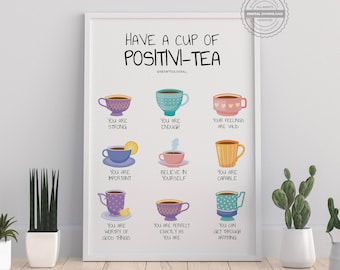 Positivi-tea Positividade Autoafirmação Impressão Digital Autoempoderamento Diálogo Interno Positivo Cantinho do Conselheiro Escolar Presente para Terapeuta Arte para Escritório