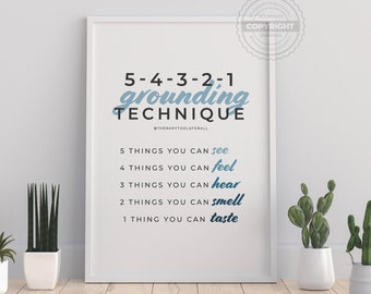 Impressão digital de aterramento, ansiedade, pôster respiratório, saúde mental, decoração de parede de escritório de terapeuta, conselheiro escolar, psicólogo, treinamento