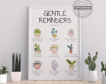 Lembretes Suaves, Afirmações Positivas, Impressão DIGITAL, Saúde Mental, Bem-estar, Arteterapia, Consultório, Orientador Escolar, Pôster, Amor Próprio, Compaixão