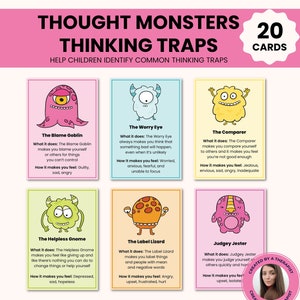 Tarjetas de monstruos del pensamiento Trampas y errores del pensamiento de los niños Desafiando los pensamientos negativos Rincón de la calma para niños Herramienta del terapeuta Asesoramiento escolar