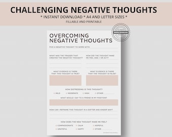 Challenging Negative Thoughts CBT Printable Worksheet Journal Inserts Planner Notebook Self Help Tool Therapy Mental Health Counseling Aid