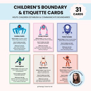 Grenskaarten voor kinderen, communicatievragen voor kinderen, emotionele regulatie, persoonlijke ruimte, etiquettekaarten, therapiekaartspellen CGT ACT