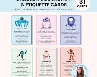 Cartões de limites para crianças, dicas de comunicação infantil, regulação emocional, espaço pessoal, cartões de etiqueta, jogos de cartas terapêuticas TCC ACT