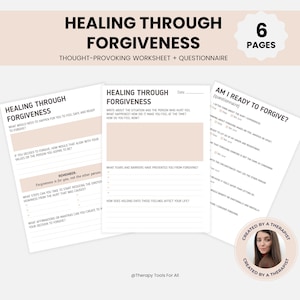 Puede incluir: Una hoja de trabajo y un cuestionario imprimibles titulados "Sanar a través del perdón" con un fondo rosa. La hoja de trabajo incluye indicaciones para la reflexión y la escritura de un diario sobre el perdón. El cuestionario hace preguntas sobre la disposición del lector a perdonar.