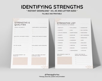 Strengths & Values Printable Worksheets, Journal Inserts, Planner, Notebook Printable Template, Therapy, Mental Health, School Counselor Aid