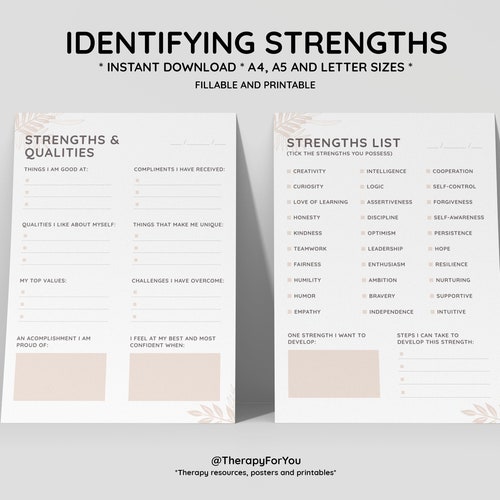 strengths values printable worksheets journal inserts etsy
