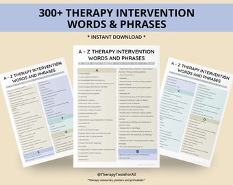 Therapy Interventions Words Cheat Sheet Therapist Progress Notes Clinical Phrases Intake Forms Psychologist Reports Client Terms Template