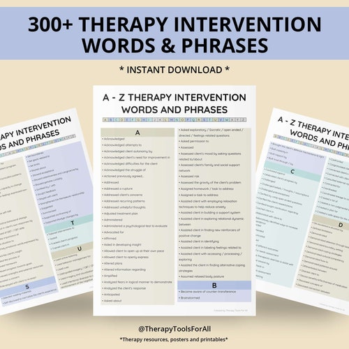 Therapy interventions words cheat sheet therapist progress etsy