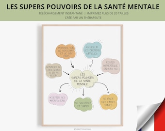 Les Supers Pouvoirs de la Santé Mentale Impressão DIGITAL em francês Saúde Mental Arte Terapia Decoração de Escritório Terapeuta Ajuda Conselheiro Escolar CBT