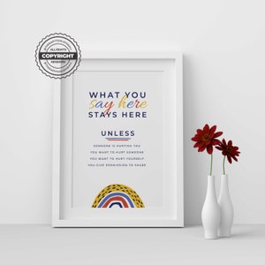 May include: A framed print with the text "WHAT YOU say here STAYS HERE UNLESS" in navy, yellow, and red. The print includes a rainbow graphic and is accompanied by two white vases with red flowers. The image also includes a copyright seal.