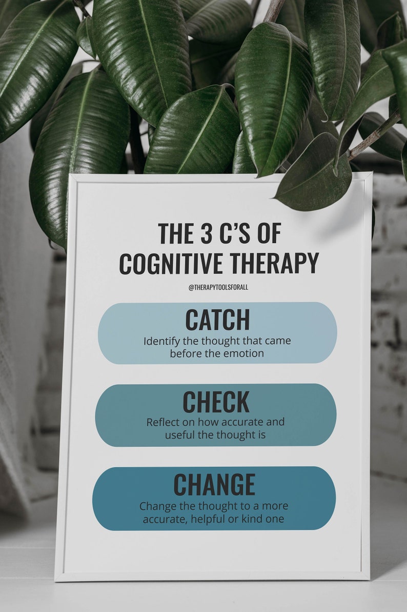 May include: A white poster with blue, teal, and gray accents. The poster features the text "The 3 C's of Cognitive Therapy" and outlines the three steps of cognitive therapy: Catch, Check, and Change. The poster is framed and hanging on a wall.