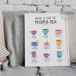Peut inclure: Une affiche imprimable avec un fond blanc et des illustrations color&eacute;es de tasses &agrave; th&eacute;. Le texte "Have a Cup of Positivi-Tea" est en haut de l'affiche. Chaque tasse &agrave; th&eacute; a une affirmation positive &eacute;crite en dessous, comme "You are strong", "You are enough", et "You are worthy of good things".