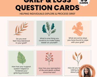 Cartões com perguntas sobre luto, perda de um ente querido, como lidar com o luto, processo de luto, cura emocional, ferramentas para terapeutas e conselheiros, terapia de luto.