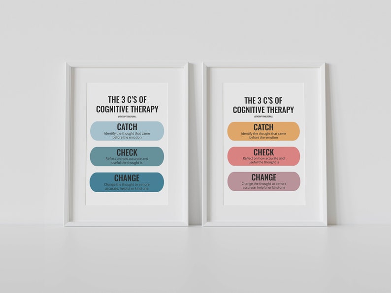 May include: Two framed posters with the text "The 3 C's of Cognitive Therapy" and the steps "Catch, Check, Change". The posters have a light blue, orange, and pink color scheme.