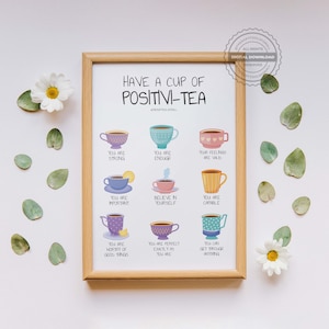 Peut inclure: Une affiche imprimable avec le texte "Have a Cup of Positivi-Tea" et des illustrations de tasses &agrave; th&eacute; avec des affirmations positives. Les affirmations incluent "You are strong", "You are enough", "Your feelings are valid", "You are important", "Believe in yourself", "You are capable", "You are worthy of good things", "You are perfect exactly as you are", et "You can get through anything".