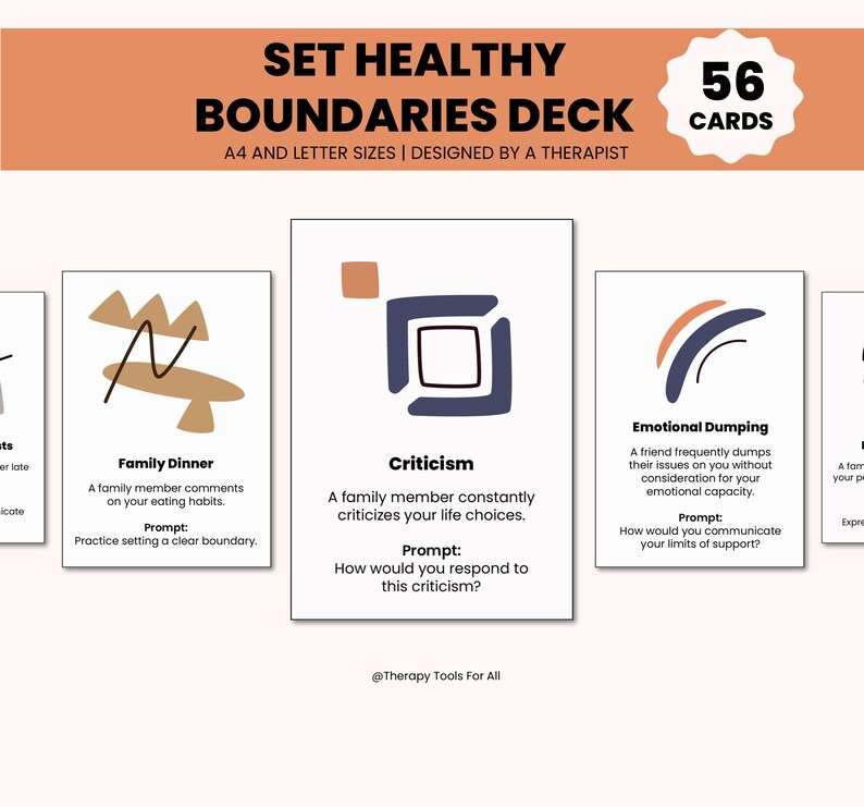 Communication tools for therapy, featuring boundary-setting flashcards and counseling questions. Supports personal growth, healthy boundaries, and self-discovery.