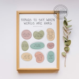 Puede incluir: Un p&oacute;ster imprimible con fondo blanco y marco marr&oacute;n claro. El p&oacute;ster presenta una lista de frases para decir cuando las palabras son dif&iacute;ciles. Las frases est&aacute;n escritas en texto negro y est&aacute;n rodeadas de c&iacute;rculos coloridos. El t&iacute;tulo del p&oacute;ster es "Things to Say When Words Are Hard".